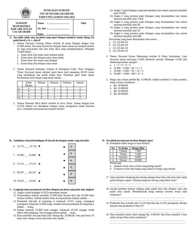 Penilaian Sumatif Matematika Kelas 4 | PDF