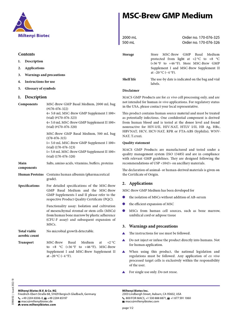 MSC-Brew GMP Medium Overview | PDF | Mesenchymal Stem Cell | Cell Biology