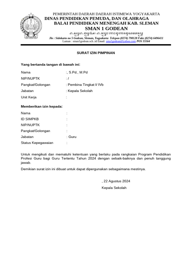 Surat Ijin Kepala Sekolah Salinan | PDF