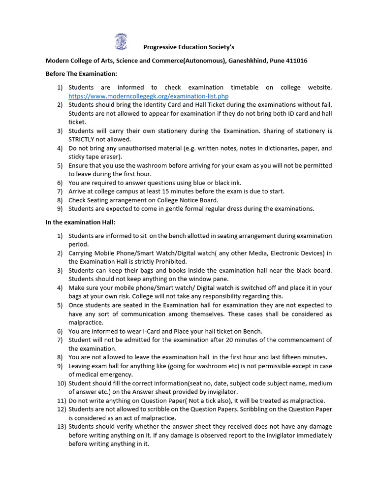 Examination Instructions for Students | PDF