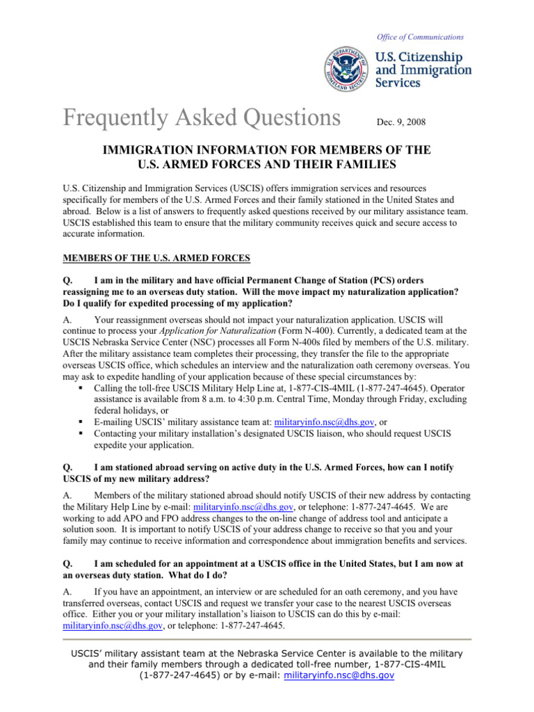 USCIS Immigration FAQs for Military Families | PDF | Federal Government ...