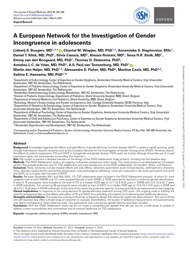 A European Network For The Investigation of Gender Incongruence in ...