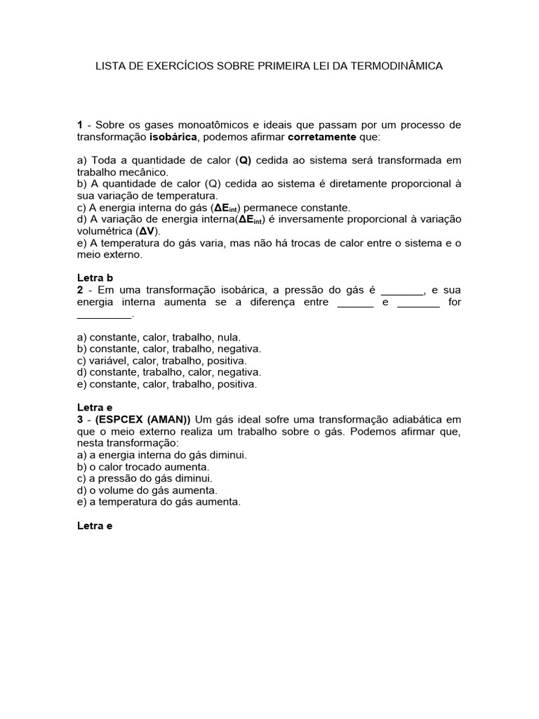 Exercícios sobre a Primeira Lei da Termodinâmica | PDF | Termodinâmica ...