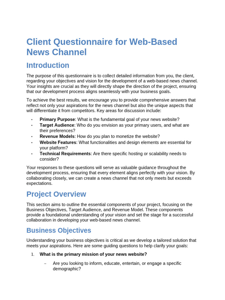 Client Questionnaire For Web-Based News Channel | PDF | Target Audience ...