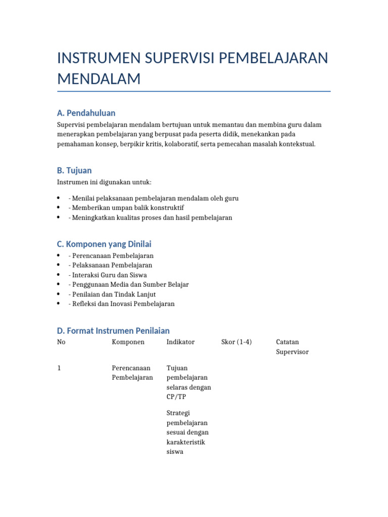 Instrumen Supervisi Pembelajaran Mendalam | PDF