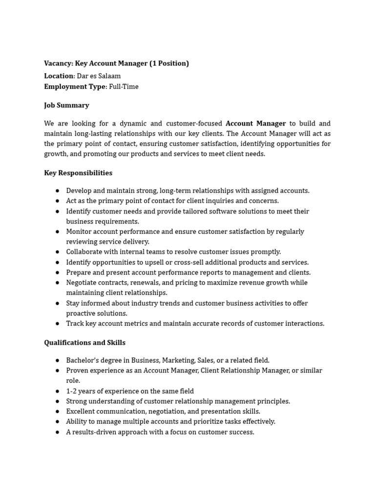 Key Account Manager Vacancy in Dar es Salaam | PDF