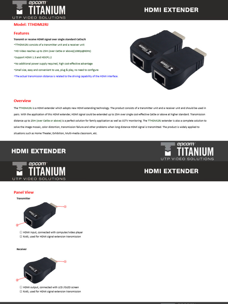 HDMI Extender TTHDMI2RJ Overview | PDF | Hdmi | Electrical Connector
