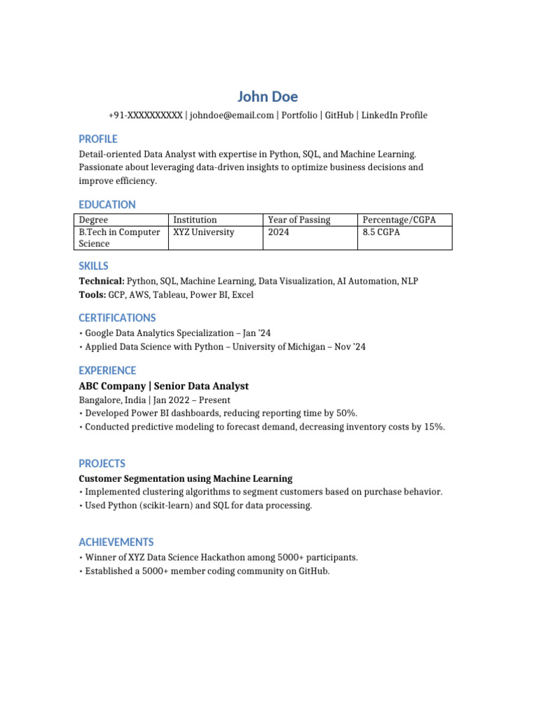 John Doe - Data Analyst Resume | PDF