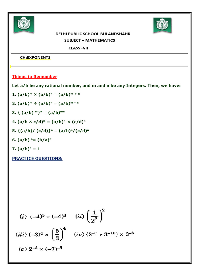 Vii Exponents Practice Paper | PDF