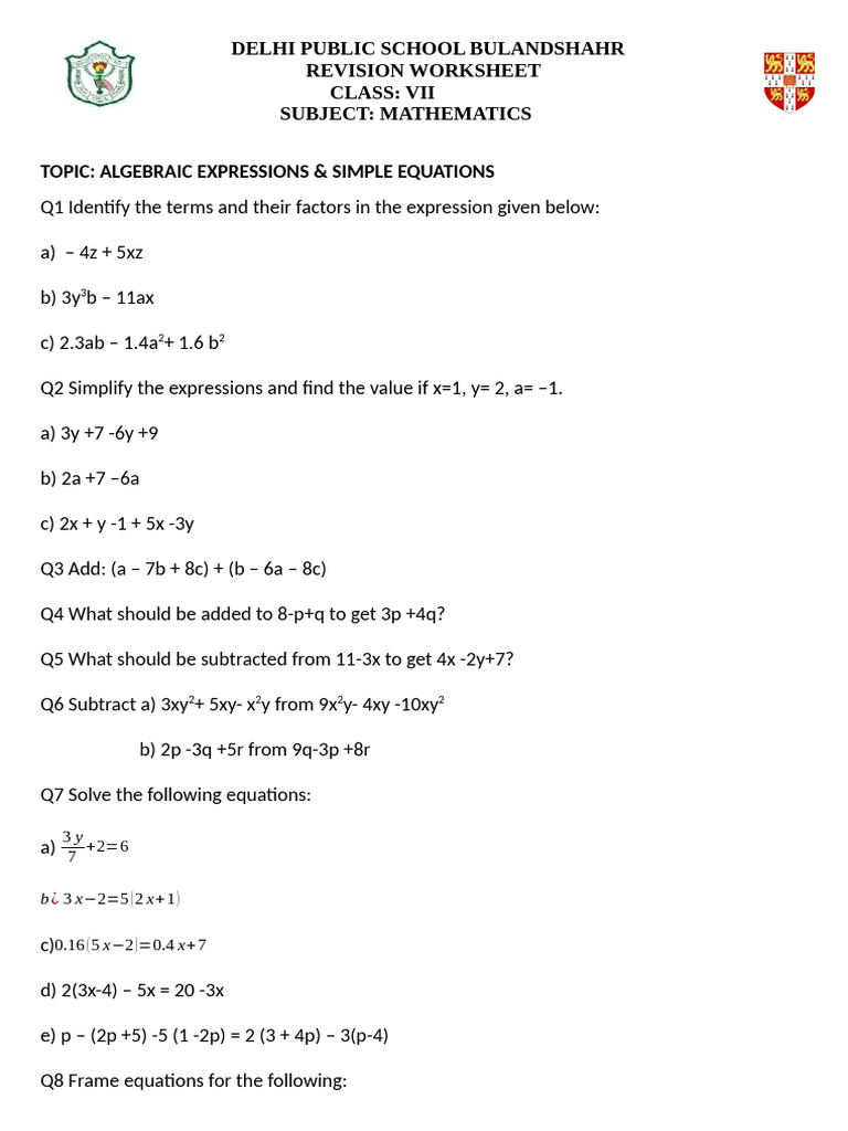 Revision Worksheet For Class 7 pt-2 | PDF