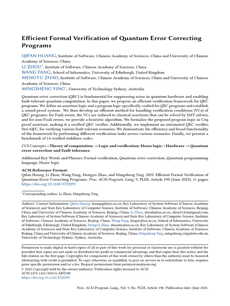 Efficient Formal Verification of Quantum Error Correcting Programs ...