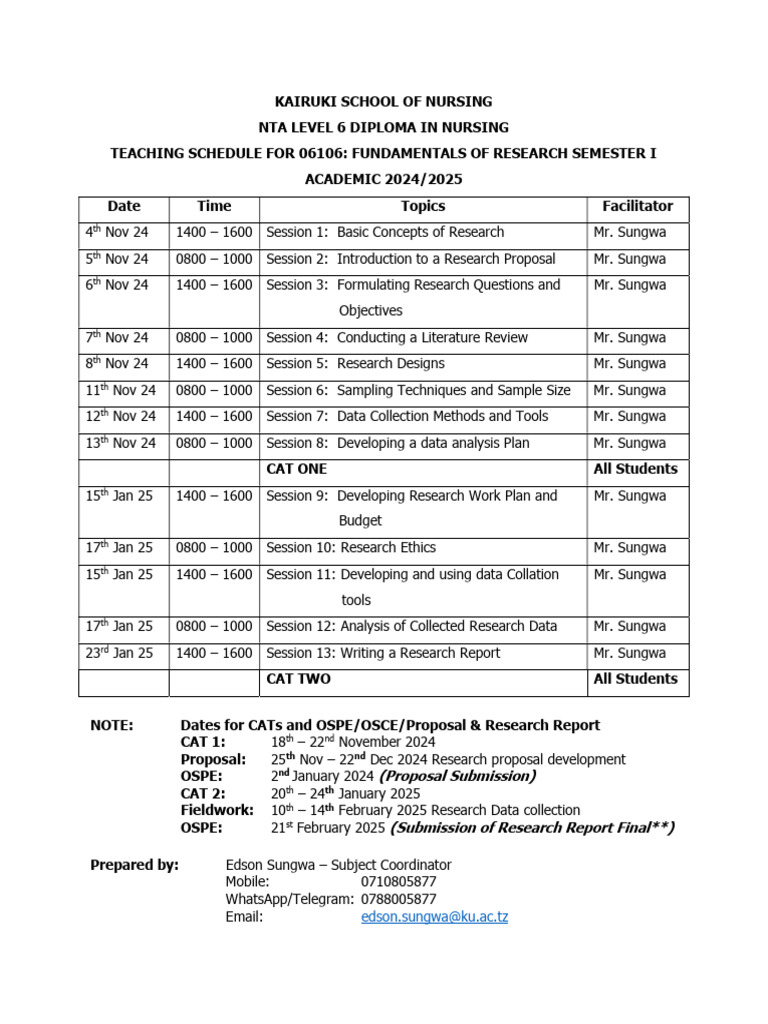 Nursing Research Course Schedule 2024-2025 | PDF
