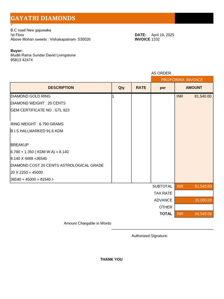 Invoice for Diamond Gold Ring | PDF