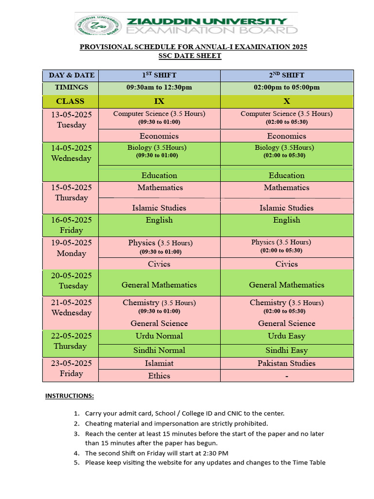 Provisional Exam Schedule 2025 | PDF