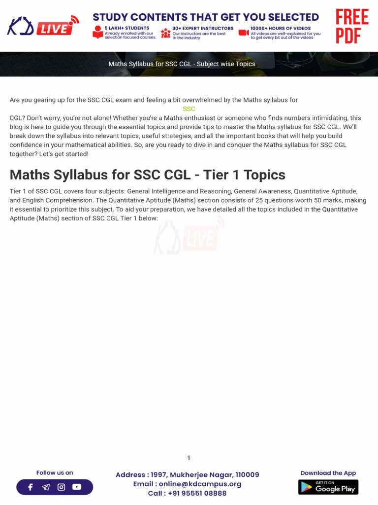 Maths Syllabus For SSC CGL Subject Wise Topics | PDF