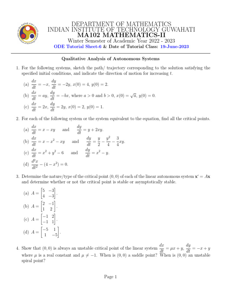 ODE 2023 Tutorial 6 | PDF | Nonlinear System | Physics