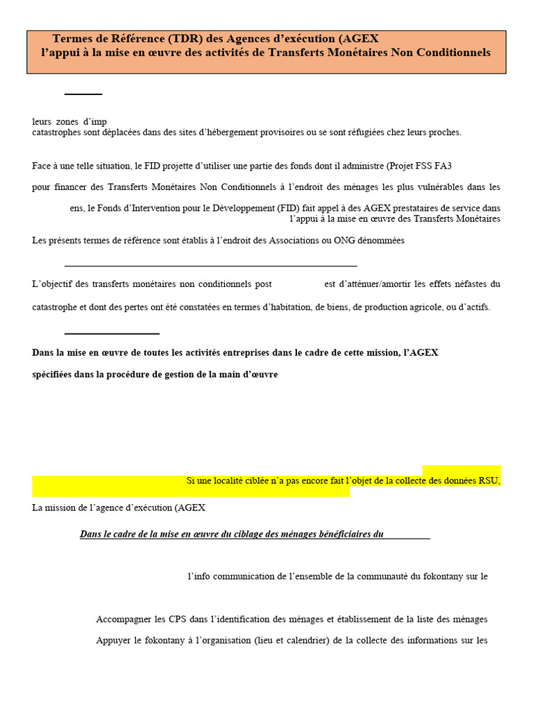 TDR pour AGEX-TMNC Post Catastrophes | PDF | Banques | la communication
