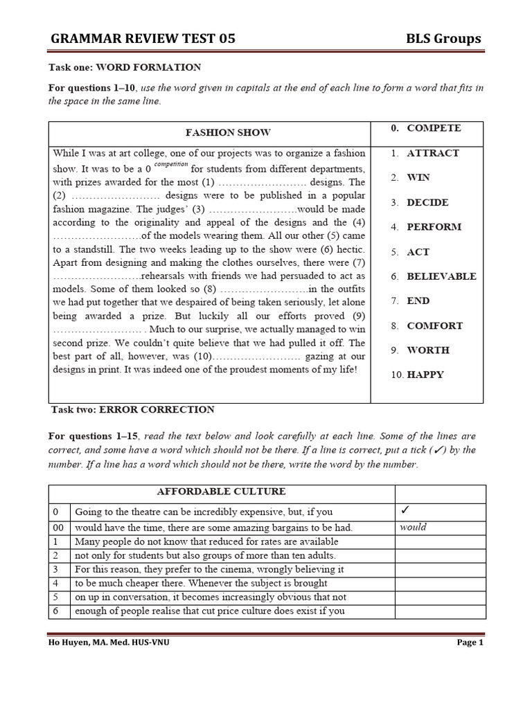 Grammar Review Test for Students | PDF