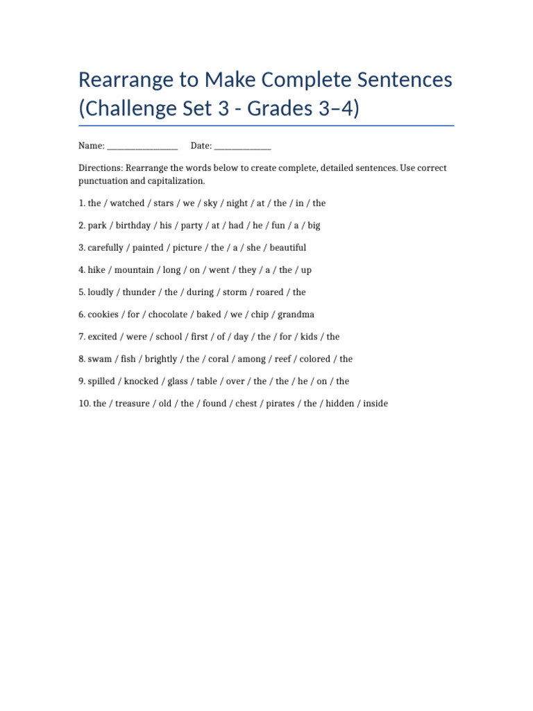 Class 3 Sentence Rearrangement Worksheet | PDF