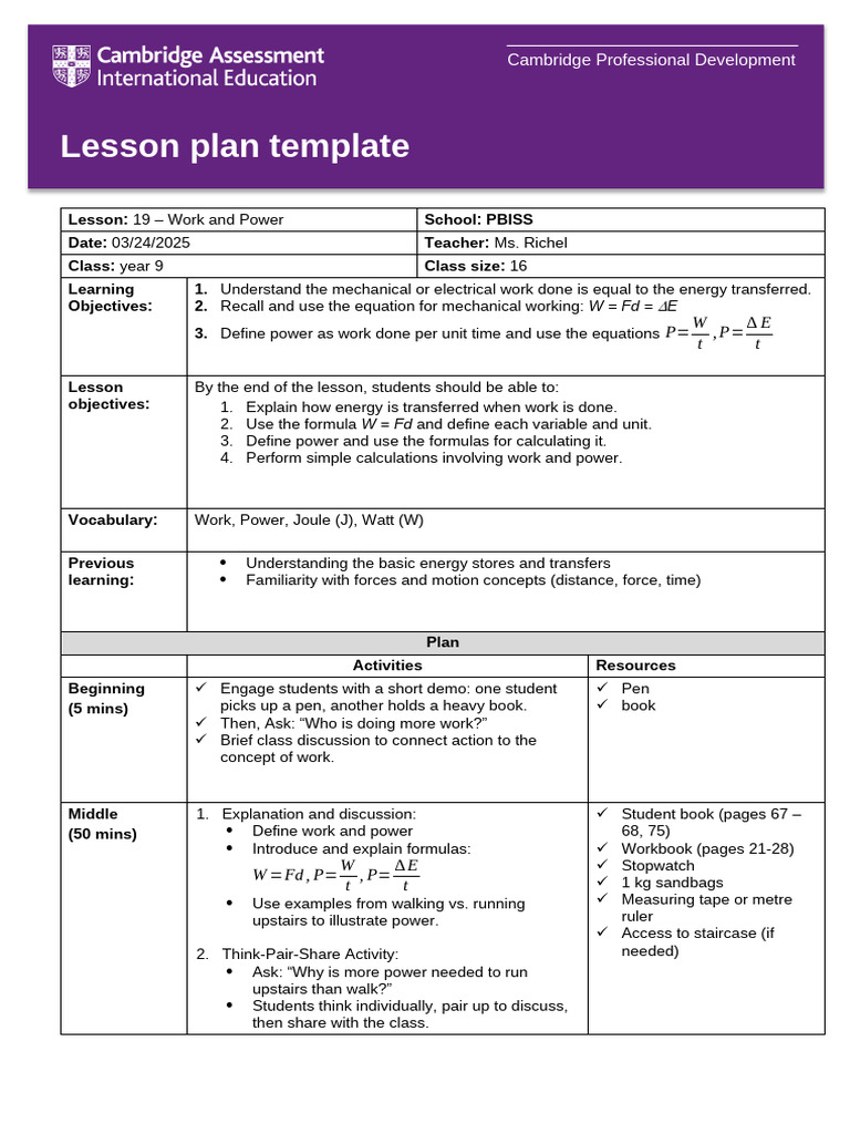Year 9 Work and Power Lesson Plan | PDF | Educational Technology ...