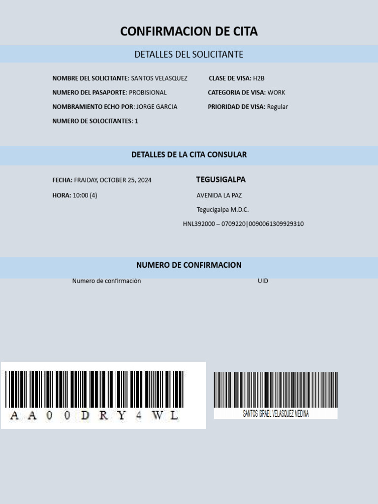 Confirmación de Cita Visa H2B | PDF