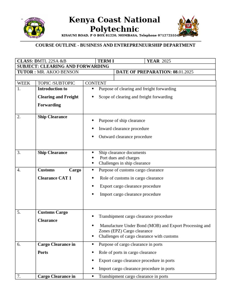 Clearing and Forwarding Course Outline | PDF | Cargo | Shipping