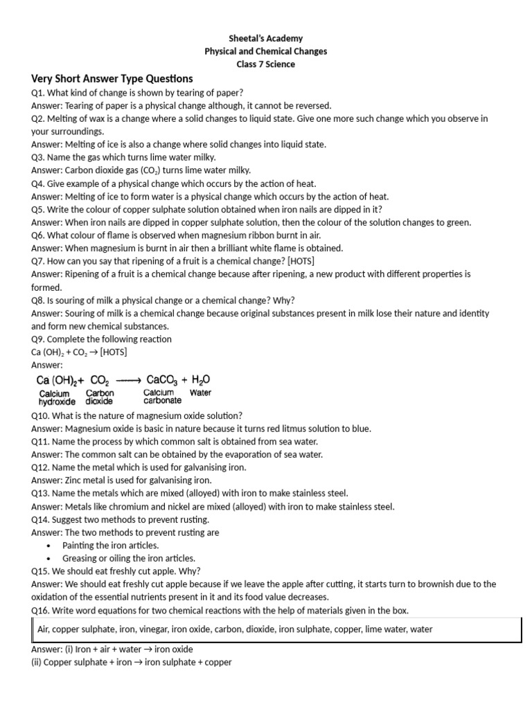 Class 7 Science: Physical & Chemical Changes | PDF | Sodium Carbonate ...