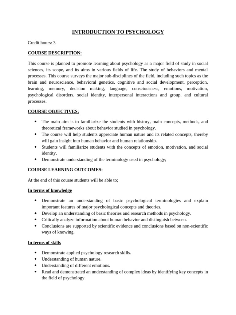 Overview of Psychology Course Content | PDF | Psychology | Emotions