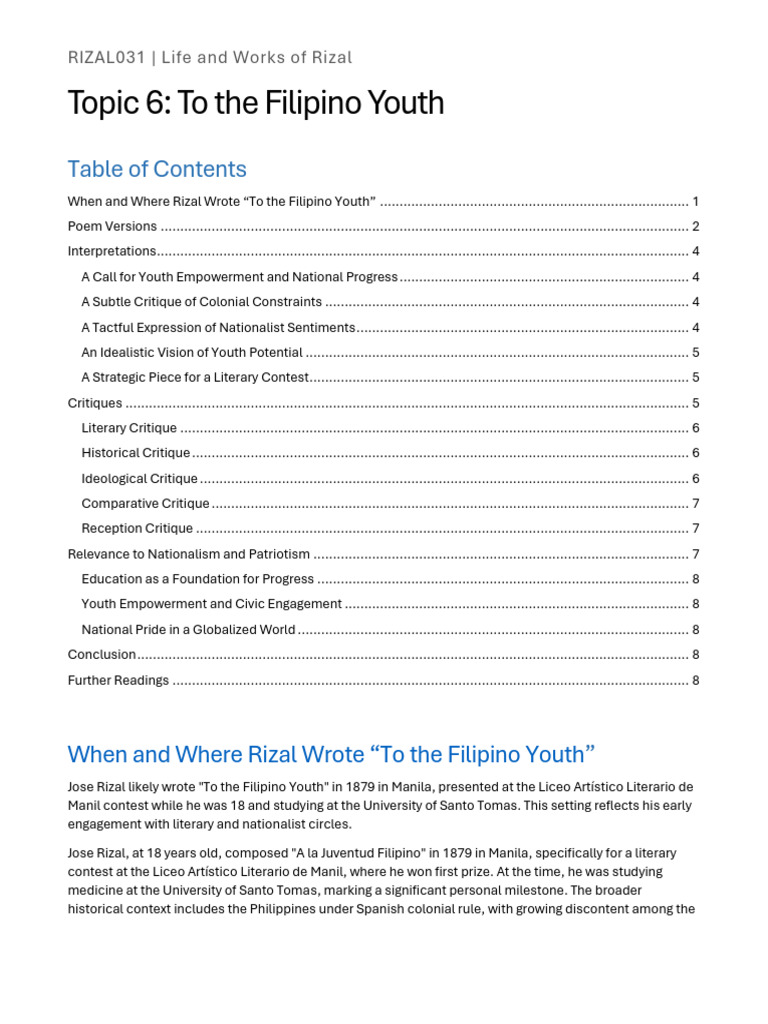 Topic 6 To The Filipino Youth | PDF | Nationalism | Philippines