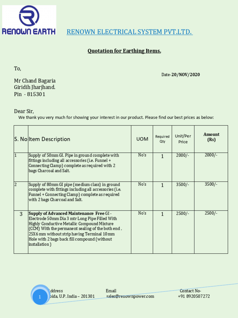 Earthing Items Quotation - Renown Pvt. Ltd. | PDF | Electricity | Materials
