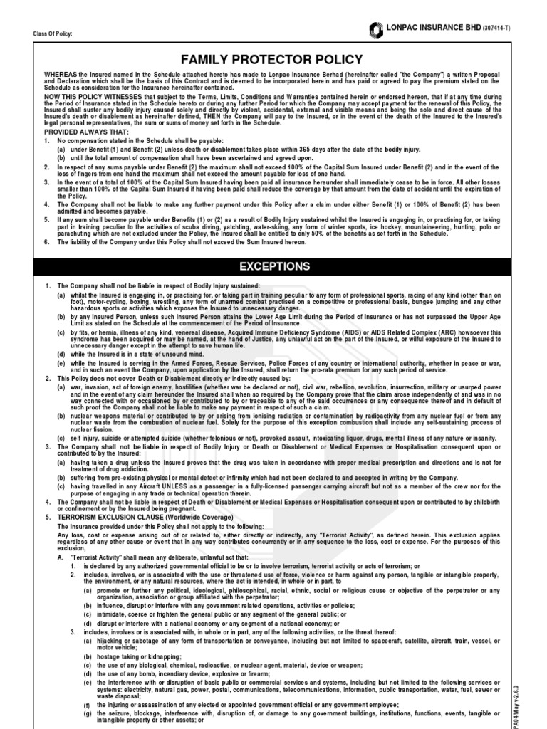 Family Protector Insurance Policy Details | PDF | Insurance Policy ...