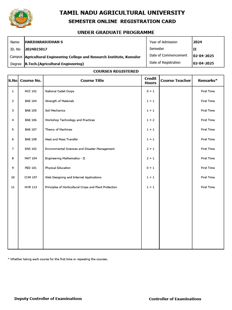 Semester Course Registration Card | PDF | Agriculture