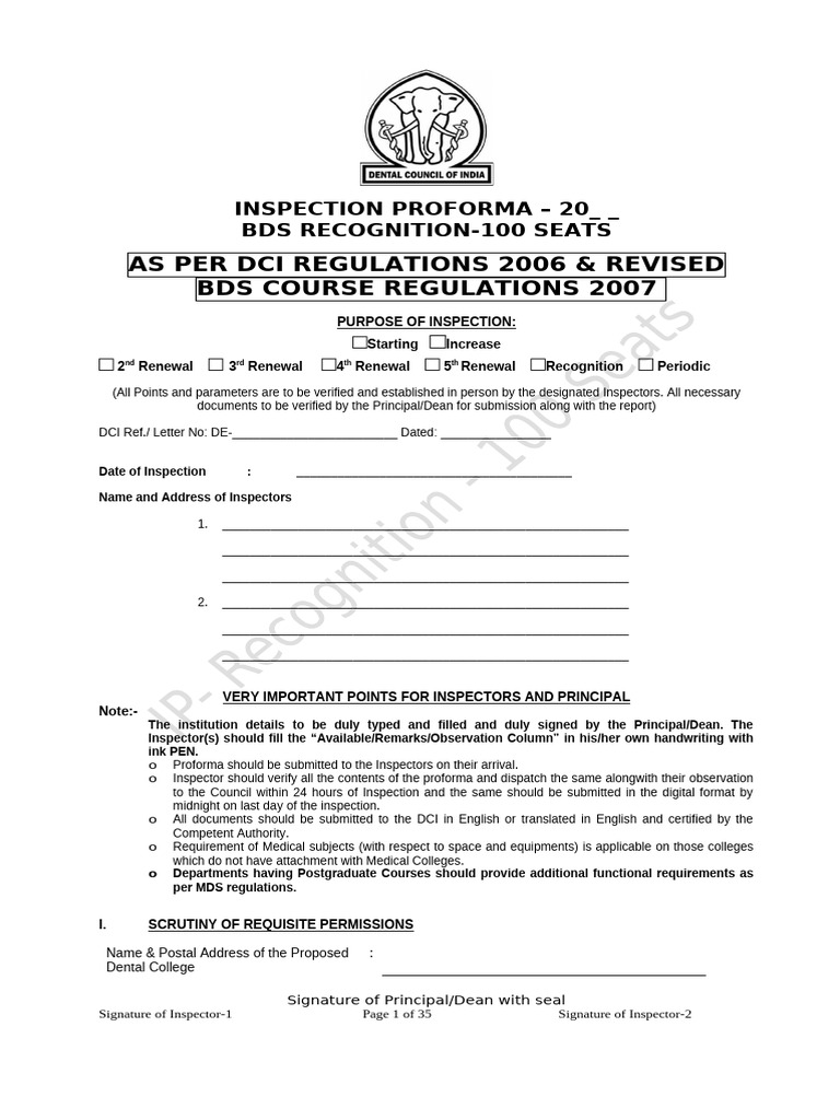 DCI Inspection Proforma for BDS Colleges | PDF | Dental Degree | Hospital