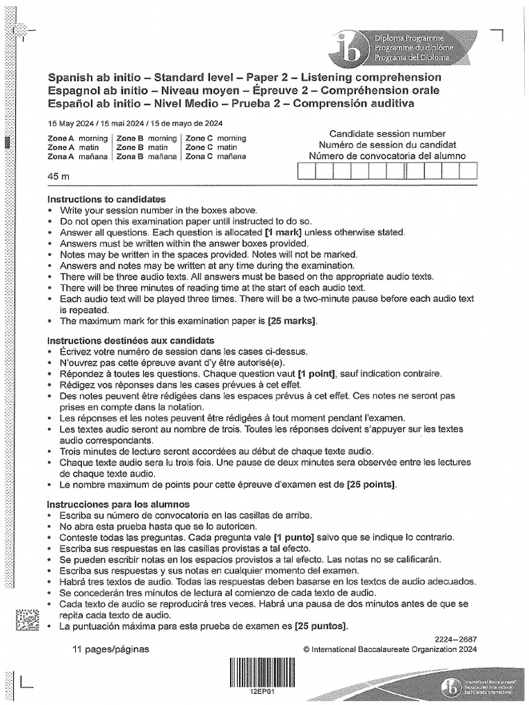 2024 May Spanish Ab Initio Paper 1 Listening | PDF