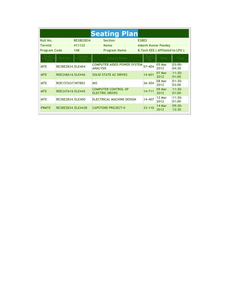 Seating Plan: Roll No. Section Termid Name Program Code Program Name ...