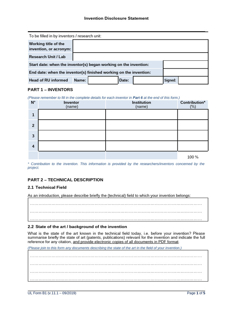 Invention Disclosure Form Template | PDF | Prior Art