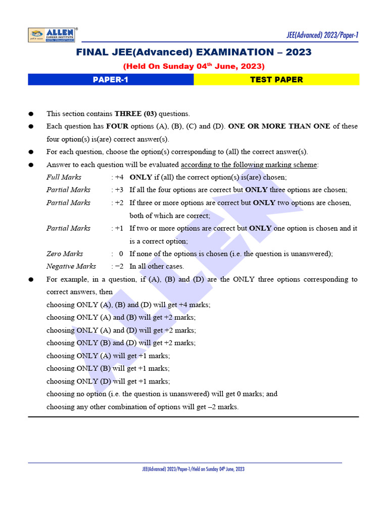 JEE Advanced 2023 Paper 1 Mathematics | PDF | Complex Number ...