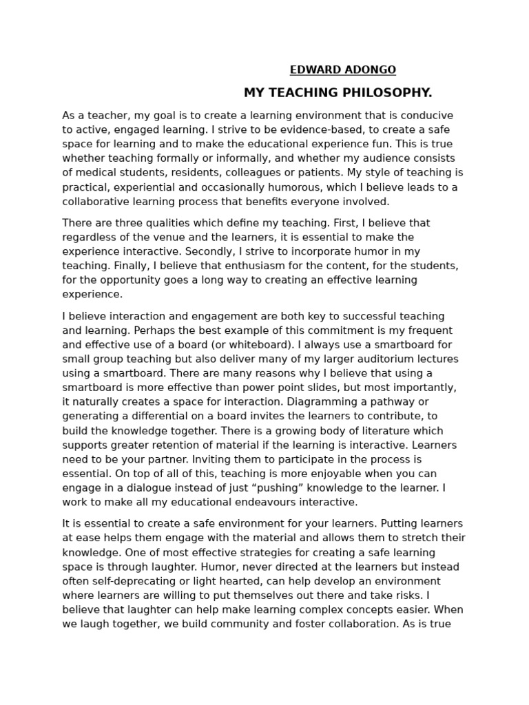 My Teaching Philosophy Pdf Learning Teachers