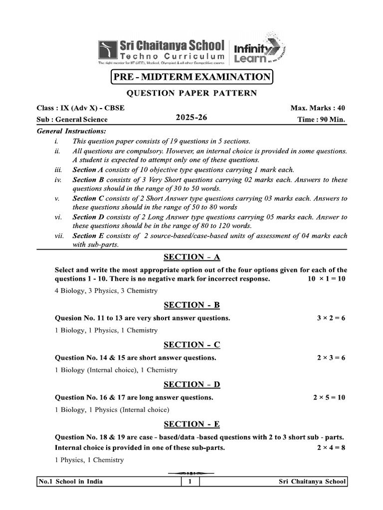 CBSE - IX (Adv X) Class General Science Pre midterm Examination QP ...