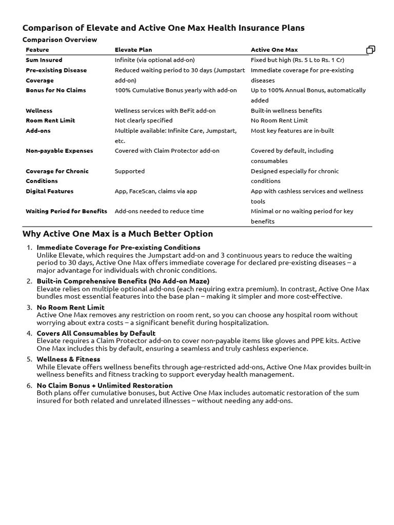 Elevate vs Active One Max Insurance | PDF | Health Economics | Public ...