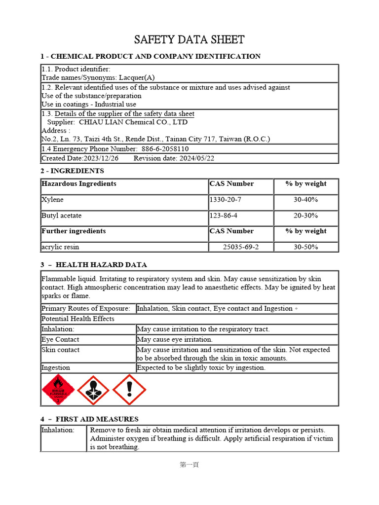 Lacquer(A) Safety Data Sheet | PDF | Personal Protective Equipment ...