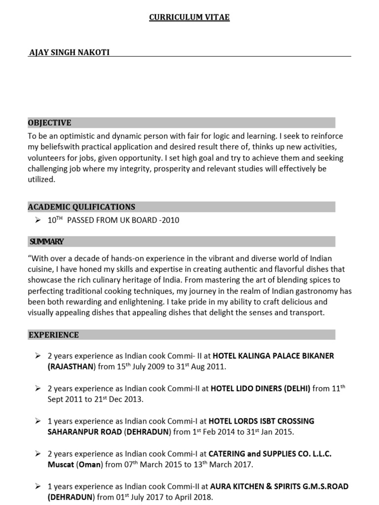 Indian Cook Ajay Singh Nakoti CV | PDF | Cooking | Cuisine