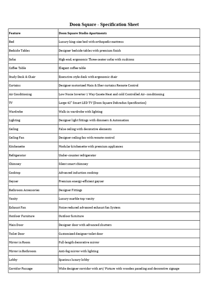 Luxury Studio Apartments Specifications | PDF