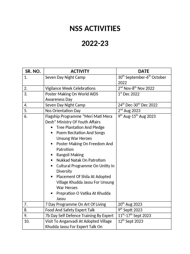 NSS Activities Schedule 2022-23 | PDF