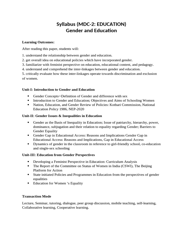 Gender and Education Syllabus Overview | PDF | Gender | Gender Studies