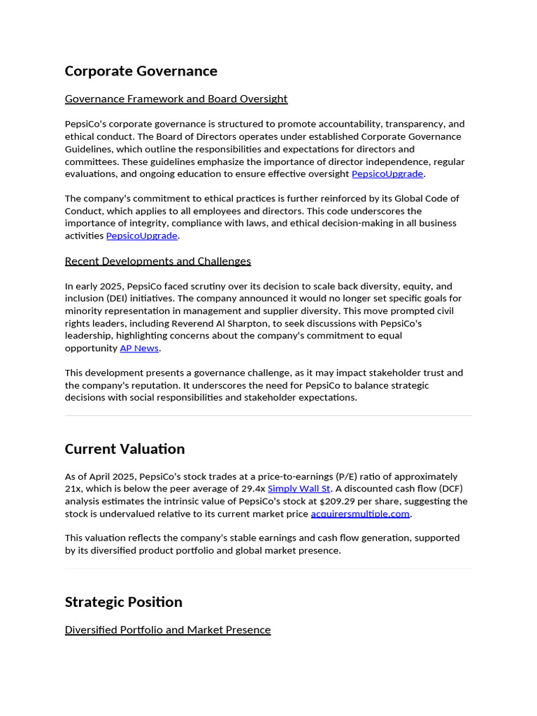 PepsiCo Corporate Governance Overview | PDF | Pepsi Co | Governance