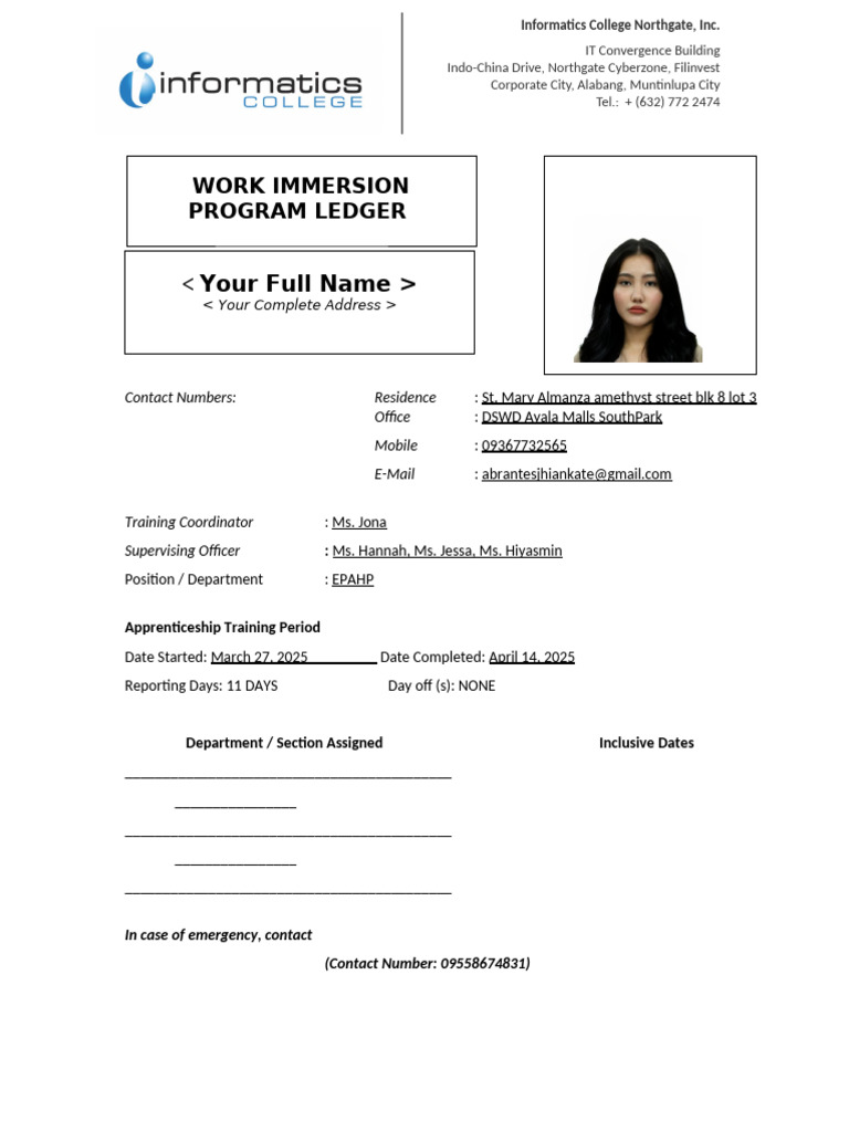 Work Immersion Program Ledger | PDF