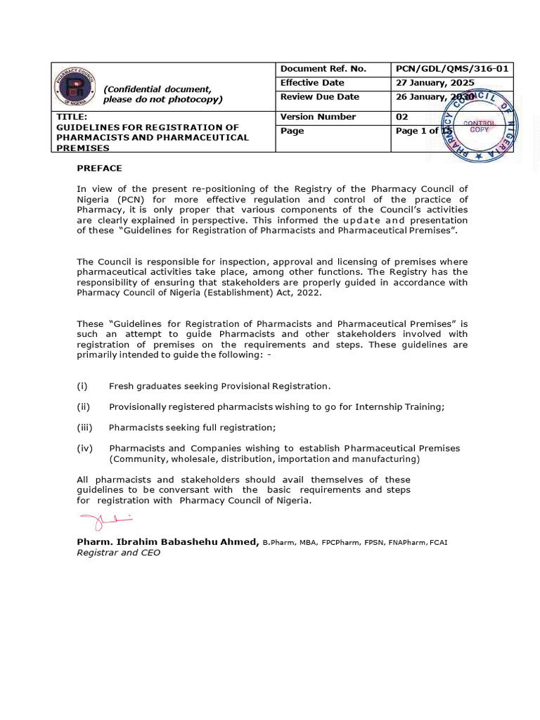 Guidelines For Registration Of Pharmacists And Pharmaceutical Premises