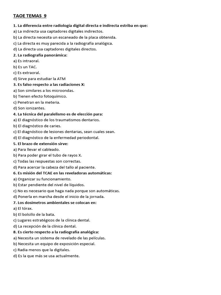 Test Taoe Tema 9 | PDF | Rayo X | Odontología