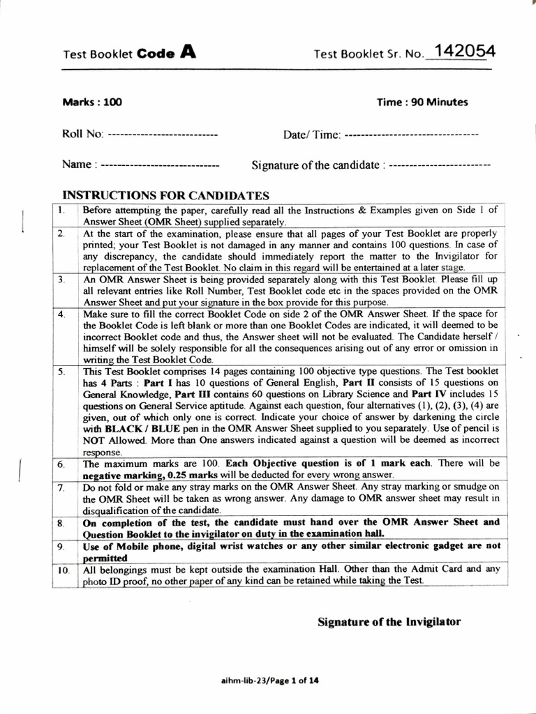 Sample Test Booklet Instructions | PDF